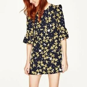 Zara Floral Ruffled Bell Sleeves Mini Dress Key Hole Button Back M Black Yellow
